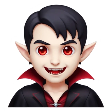 Cinematic Cute Vampire Portrait Emoji, with a refined yet playful small, rounded pale face accented by tiny, cute fangs and bright, twinkling eyes, sporting miniature elegant dark attire with a hint of crimson, simplified yet irresistibly charming, highly detailed with a soft glowing outline that captures the delightful duality of spooky sweetness and stylish allure! sticker