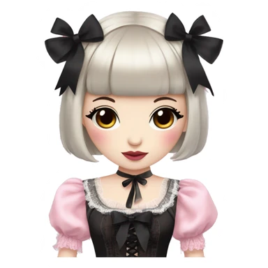 pale woman with short black hair and bangs, pink lips and eyeshadow, long eyelashes, brown eyes, pink Lolita dress with laces and ribbons, gothic Lolita doll look sticker