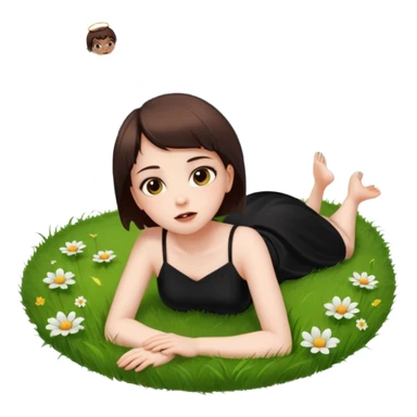 A short-haired brown demon girl lies on the grass, looking up at a flying angel in the sky."
 sticker