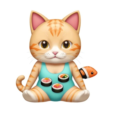 cute cat with a one piece swimsuit made from assorted sushi pieces, emoji style sticker