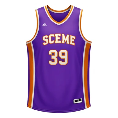Cinematic Realistic image of a basketball jersey rendered in bold team colors with finely textured fabric and realistic creases, set against an energetic court backdrop with bright, dynamic lighting sticker