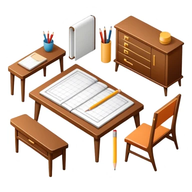 Icon for Furniture Design: a furniture drawing with 3D models of furniture pieces placed on top, accompanied by rulers and a pencil. The icon should represent the design process with focus on precision and modeling. Transparent background. sticker