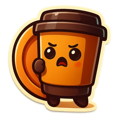 Tall coffee cup, dramatic, hiding, behind plate sticker