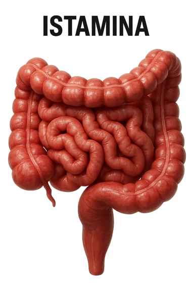 intestino umano realistico con la scritta "ISTAMINA" stampata sopra, iperrealistico 4k sticker