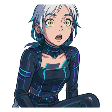 a shocked facial expression, a closeup portrait of young woman with gold yellow eyes, white hair, long braid, black off-shoulder top d-cup, punk gothic style, futuristic cyberwave cyberpunk, sitting position sticker