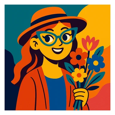 a girl with an oval face, cat eye glasses, a stylish hat, and a bouquet of flowers in her hand, vibrant cartoon style sticker
