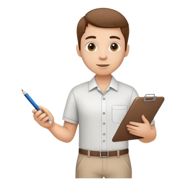 intern or volunteer holding a clipboard and pencil, ready to take notes or assist. The character wears a simple shirt and has an eager posture sticker
