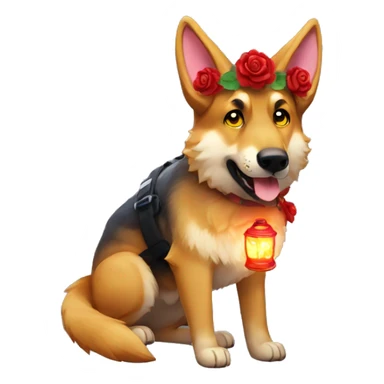 Brindled German shepherd fox carrying glowing red lantern, fairy lights, rose flower crown sticker