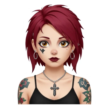 generate an ios genmoji of a girl with dark red messy hair with eyeliner on. septum piercing, wearing a cami black top, has tattoos, on shoulders. ear piercings. wearing a cross silver necklace sticker