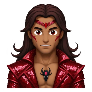 Samael, Venom of God from Gods and Goddesses with tan skin, long dark brown hair, dark red sequin outfit sticker