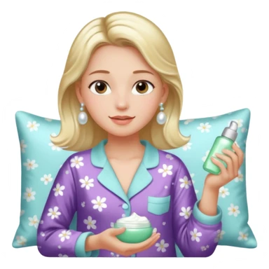 Clean girl aesthetic emoticons, apply skincare products, pearl earrings, glowing skin, pajamas, soft lighting sticker