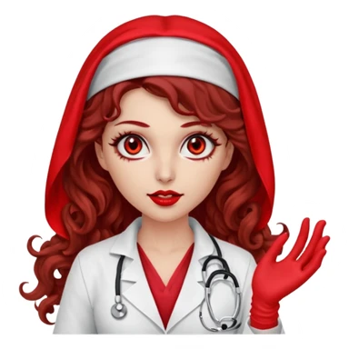Lilith scalpel in hand, evil surgeon sexy surgeon clothes.  She has red eyes.  Hair is long. Hair is brown and curly hair. Wears sexy doctor outfit with red gloves. Covers mouth neck and nose with mouth veil red sticker