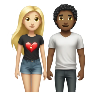 An emoji of a young girl with long blonde hair standing next to her boyfriend, who has black hair and fair skin. A heart symbol is between them, and the boy's T-shirt features a lightning bolt symbol sticker