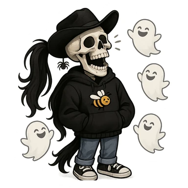 a skeleton in a bee-themed black hoodie, long black hair in a ponytail, black cowboy hat with a spider keychain, joyful and laughing, blue jeans, black and white tennis shoes, hands mostly hidden, small ghosts laughing around him sticker