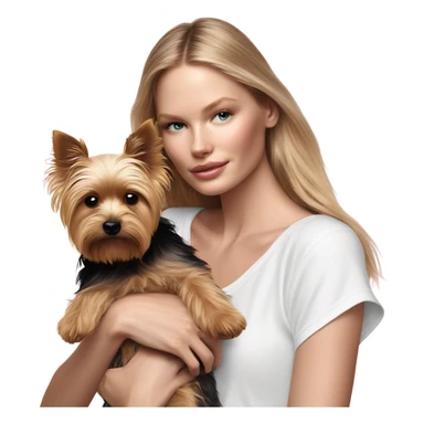 Photo Real pale Victoria secret model cuddling a Yorkshire terrier  sticker