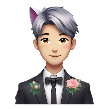 Gorgeous romantic anime style Asian formal modern gentlemanly guy with cat ears and flowers and blushing face aesthetic trending style outside with colorful gradient colors sticker