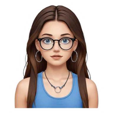 White girl with long brown hair, part going more to the RIGHT side, BLUE eyes, wearing BLACK plastic frame glasses that go from black to CLEAR ombré from top to bottom. SEPTUM nose piercing hoop, AND stud nose piercing on right side of nose. Wearing BLACK tank top. Wearing big hoop earrings  sticker