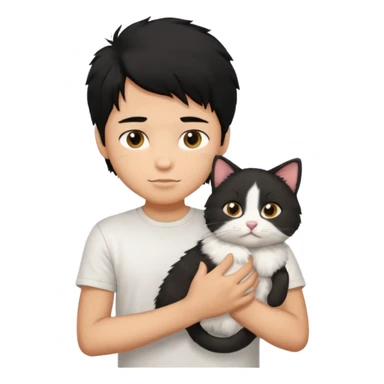 generate a pretty bratz emoji of a boy with black hair wearing a white tshirt and holding a cat  sticker