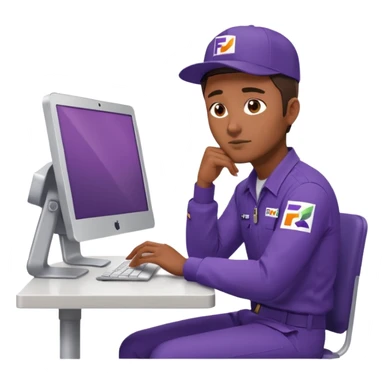 emoji of a man sitting at the table with an imac on it, a man is sitting in a very thoughtful pose, he has his hands on the table and his head resting on themб he look into the screen of imac, he is dressed in FedEx delivery uniform sticker