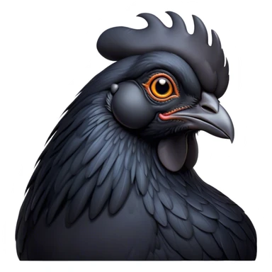 Cinematic Noble Black Chicken Portrait Emoji, Poised and regal, with a compact, sturdy build and a glossy, well-groomed pure black plumage, deep-set soulful beady eyes, Simplified yet sharp and sophisticated features, highly detailed, glowing with a soft, dignified glow, high shine, intelligent and alert, stylized with an air of mysterious elegance, focused and attentive, soft glowing outline, capturing the essence of a watchful and confident fowl, so majestic it feels as though it could strut out of the screen with effortless authority! sticker
