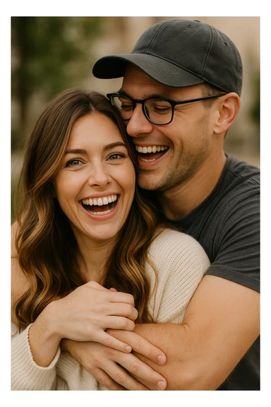 A romantic scene: a woman with green eyes and long brown-blonde balayage hair is held by a man with strong arms, brown eyes, a cap, glasses, very short dark chestnut hair, and light skin. Both are laughing. sticker