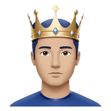 A confident man wearing a modern, minimalist crown in deep blue color. The crown is sleek with very few details, smooth surface, and a subtle futuristic design. In the center front of the crown, there is a clean, flat area designed for logo placement. The man has a calm, composed expression and is dressed in simple, elegant clothing. Neutral or soft background to keep the focus on the crown. High-resolution, premium look sticker