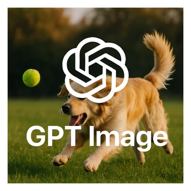 logo of chat gpt with text "GPT Image" on the background of a dog chasing ball, realistic image sticker