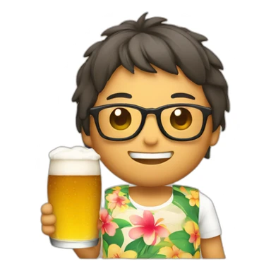 Japanese wearing roundglasses alohashirt is holding beer sticker