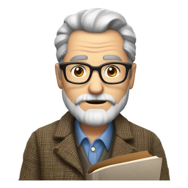"A middle-aged man with graying hair, a beard, and round glasses. He has a serious, regretful expression, wears a tweed jacket, and holds a book or chalk." sticker
