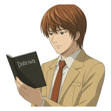 Light Yagami from Death Note, anime style, calm expression, looking at the Death Note, brown hair, school uniform sticker