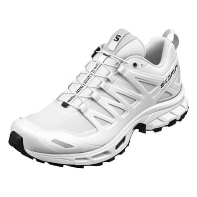 Completely all-white Salomon XT-6 shoes with no colored details whatsoever, one positioned behind the other, pure white minimalist design, iOS emoji style sticker