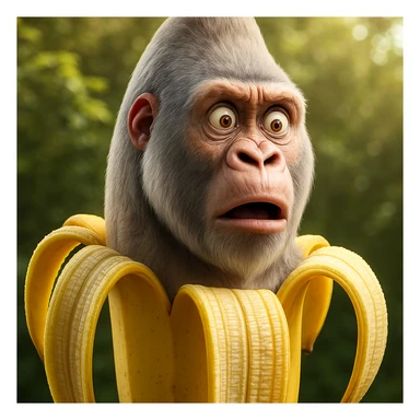 Change the gorilla's expression to a surprised, wide-eyed look with raised eyebrows, keeping the same style and quality as the reference image. sticker