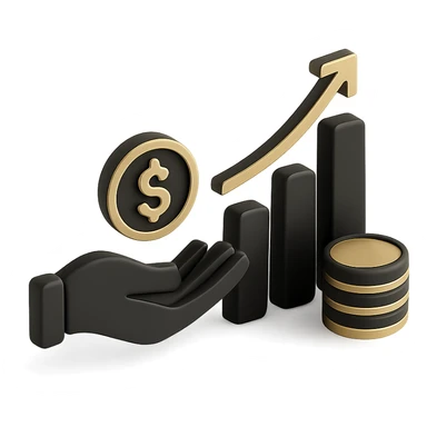 investment icon, a hand holding a coin, a growing bar chart, a stack of coins, 3D black style sticker