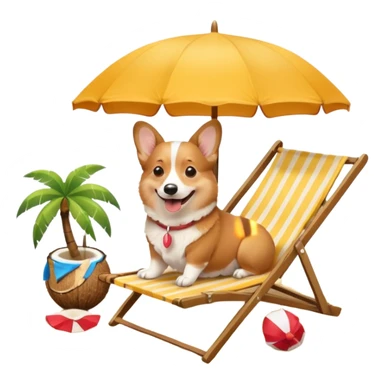 a corgi dog laied on a beach chair, a sunny beach, a sun umbrella, and beach coconut trees. the icon should capture the essence of a relaxing beach vacation with a carefree atmosphere sticker