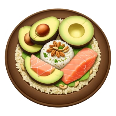 plato con comida variada granos aguacate rebanado salmon nueces arroz

 sticker