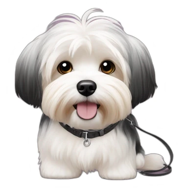 2 havanese dogs on leashes, 1 with patches of black sticker