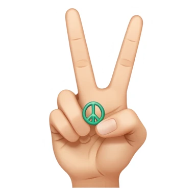 The hand shows the peace sign of the little finger and without mint fingers are the eyes, to the right of the hand the peace sign is rotated 45 degrees
Under these signs the letters peace sticker