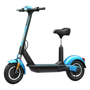 An icon featuring a sleek electric scooter parked on a scenic path. The background showcases a vibrant city park with green trees, flowers, and a clear blue sky. The sun sets in the distance, casting a warm golden glow on the landscape. Transparent background. sticker