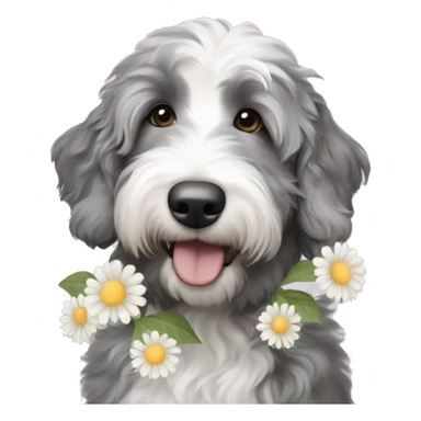 Grey and white Miniature aussiedoodle smelling flowers  sticker