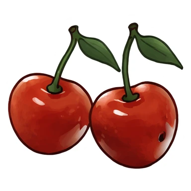 3D style two shiny red cherries hanging from a wooden branch with small green leaves sticker