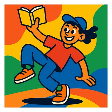 a character performing a dance move with one hand holding an open book, smiling, lively and fun atmosphere sticker