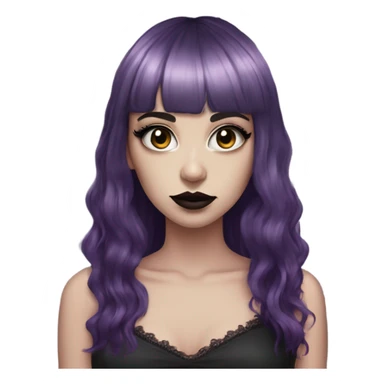 one single alt portrait women, purple hair medium, kinda long hair, short bangs, dark makeup, dark pink lips, gothic detailed slip dress, white skin  sticker