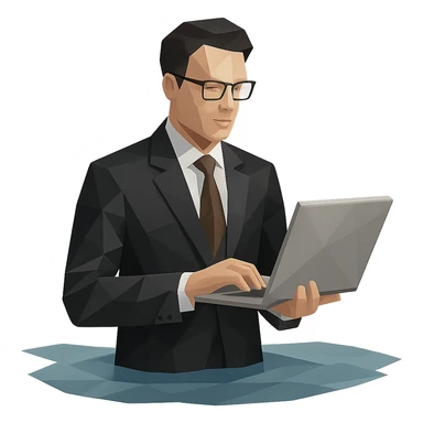 Businessman in black suit and glasses stands waist-deep with computer sticker