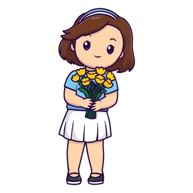 girl with brown hair wearing a white skirt holding a bouquet of flowers sticker