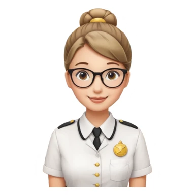 Young girl, bun hair, wearing uniform of reception with hotel name badge, glasses, stand behind the desk

 sticker