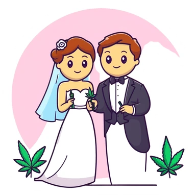 Bride in white dress and groom in tuxedo sharing a cannabis joint, cheerful cartoon wedding couple with festive colorful background sticker