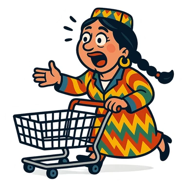cartoonish Uzbek woman with a shopping cart, exaggerated emotions sticker