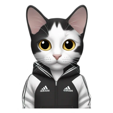 Black and white cat with adidas track suit sticker