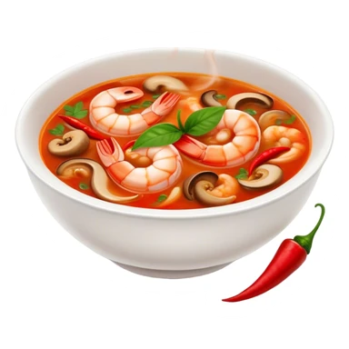 Cinematic Realistic Tom Yam Kung Soup Dish Emoji, showcasing a spicy, sour shrimp soup with herbs and mushrooms rendered with lifelike textures and bold, dynamic lighting. sticker