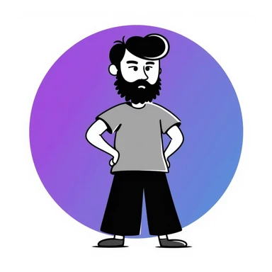 A hero emoji inspired by Moscow, featuring a character with a beard and short hair, wearing a gray t-shirt, with a purple and blue gradient background sticker